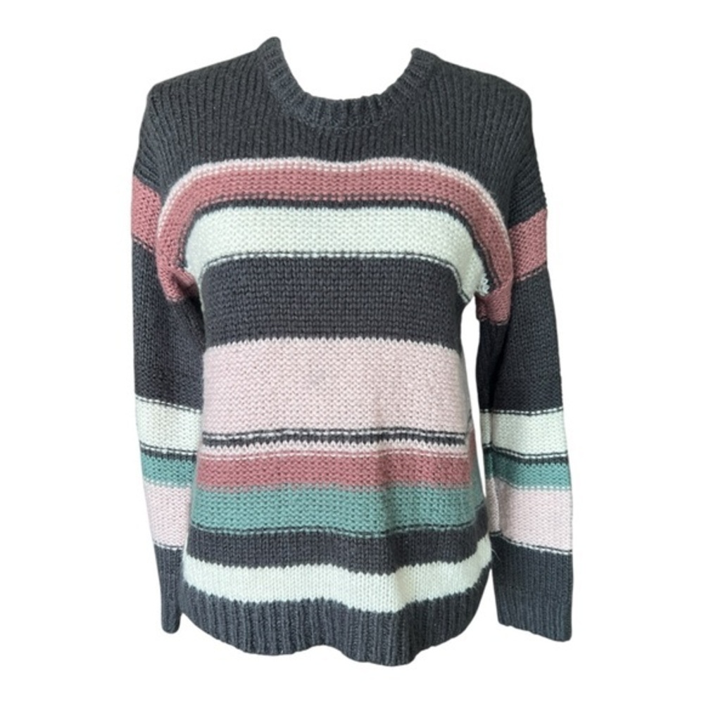 Pink Rose Women's Striped Crew Neck Sweater - Gray, Pink, Green Size M